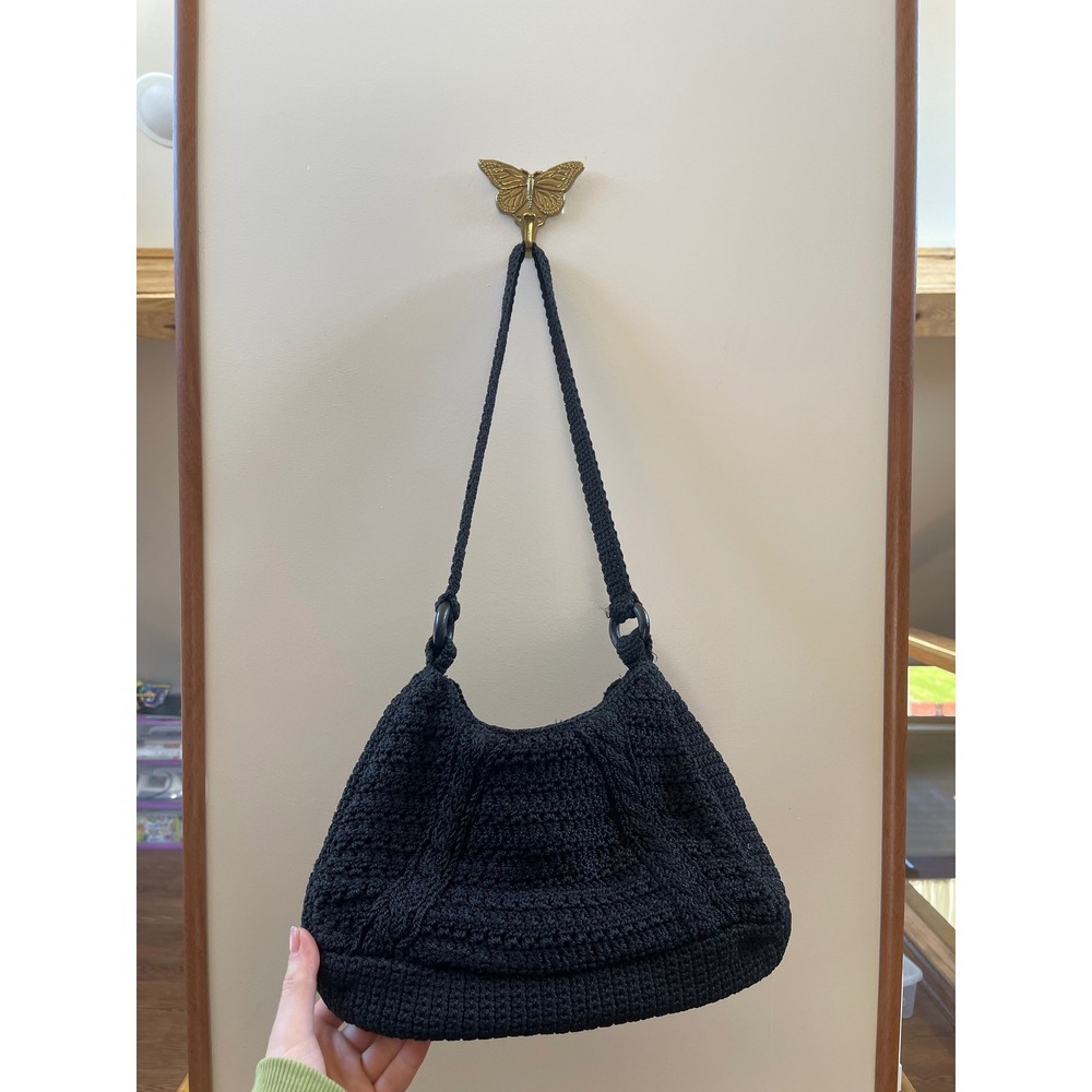 Black Crochet Hobo Bag Woven Knit Shoulder Purse Zipper Closure Polypropylene